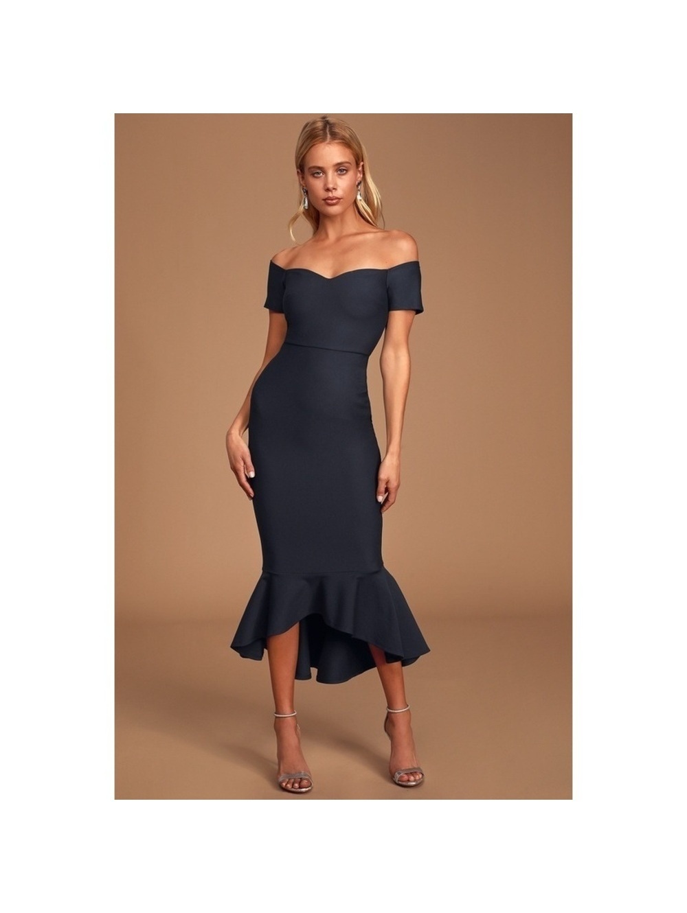 How Much I Care Midnight Blue Off-the-Shoulder Midi Dress